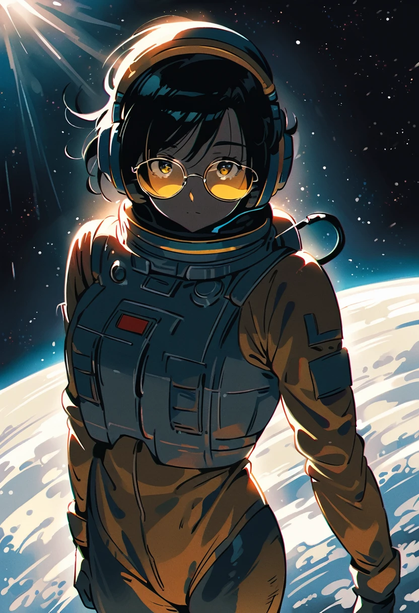 (extremely detailed fine touch:1.3), (hard light, studio light, light rays, dappled light, reflection, shadows, ray tracing:1.0), (2D:1.3), girl, solo, very short black hair, (((yellow underrim glasses:1.3))), (headphones:1.2), blush, spacesuit, space helmet, standing on the moon, space, earth,