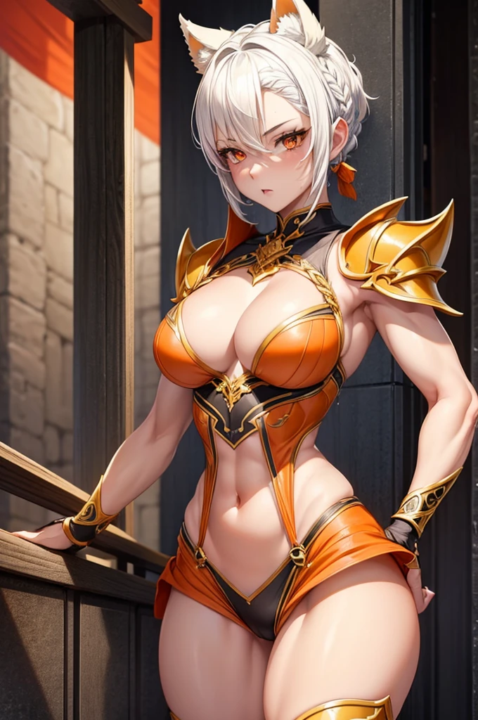 beautiful woman with short white hair, orange inferno eyes, wolf ears and a braided ponytail. She is wearing a revealing, sexy, fantasy knight armor with legplates. Her body is muscular and she is incredibly sexy. Her eyes are orange. She has strong, muscular arms and thick thighs. Wide hips.