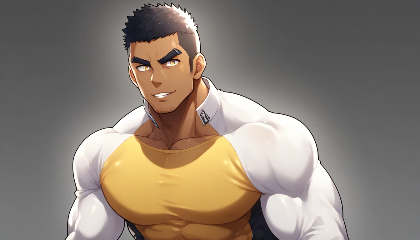 anime characters:Gyee, Muscle Sports Student, negro black skin, 1 dark skin muscular tough guy, Manliness, male focus, Brown long-sleeved high-neck fitness tights, Very tight, Round, full and perky chest muscles, Perfect waist line, Slightly transparent, muscular male, muscular, only, Upper body, alone, Black short hair, Thick eyebrows, stubble, Brown eyes, Grey background, simple background, amazing quality, best aesthetics, Ridiculous, bright pupils, crew cut, parted lips, seductive smile, torogao, naughty face, best quality