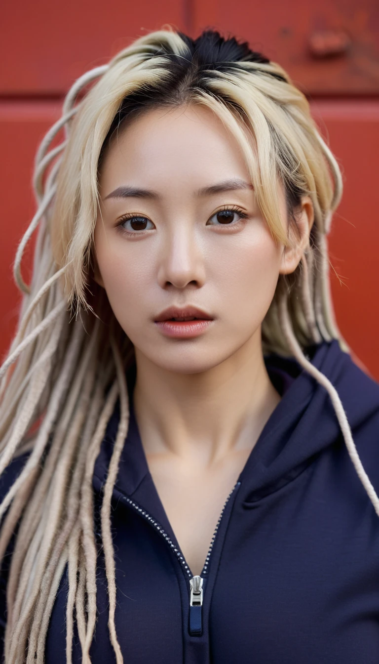extreme close-up of beautiful korean female, 34 inch breasts size, blonde dreadlock hair, wearing hoodie, in front of the red wall, UHD