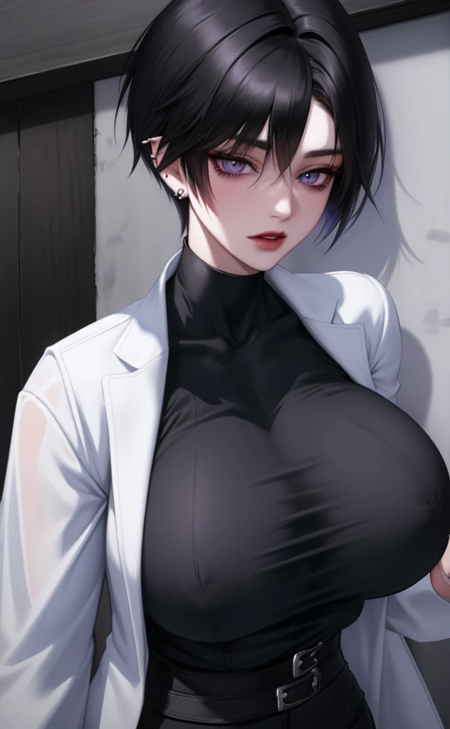 *she have white loose shirt, long black fingerless gloves, black combat pants, piercing in eyebrow, nose and ears. Have wolfcut hairstyle black fluffy short hair. She is tall and muscular but very skinny. have blue-violet eyes. She is big breasted have large breast. Slightly revealing through her clothes *