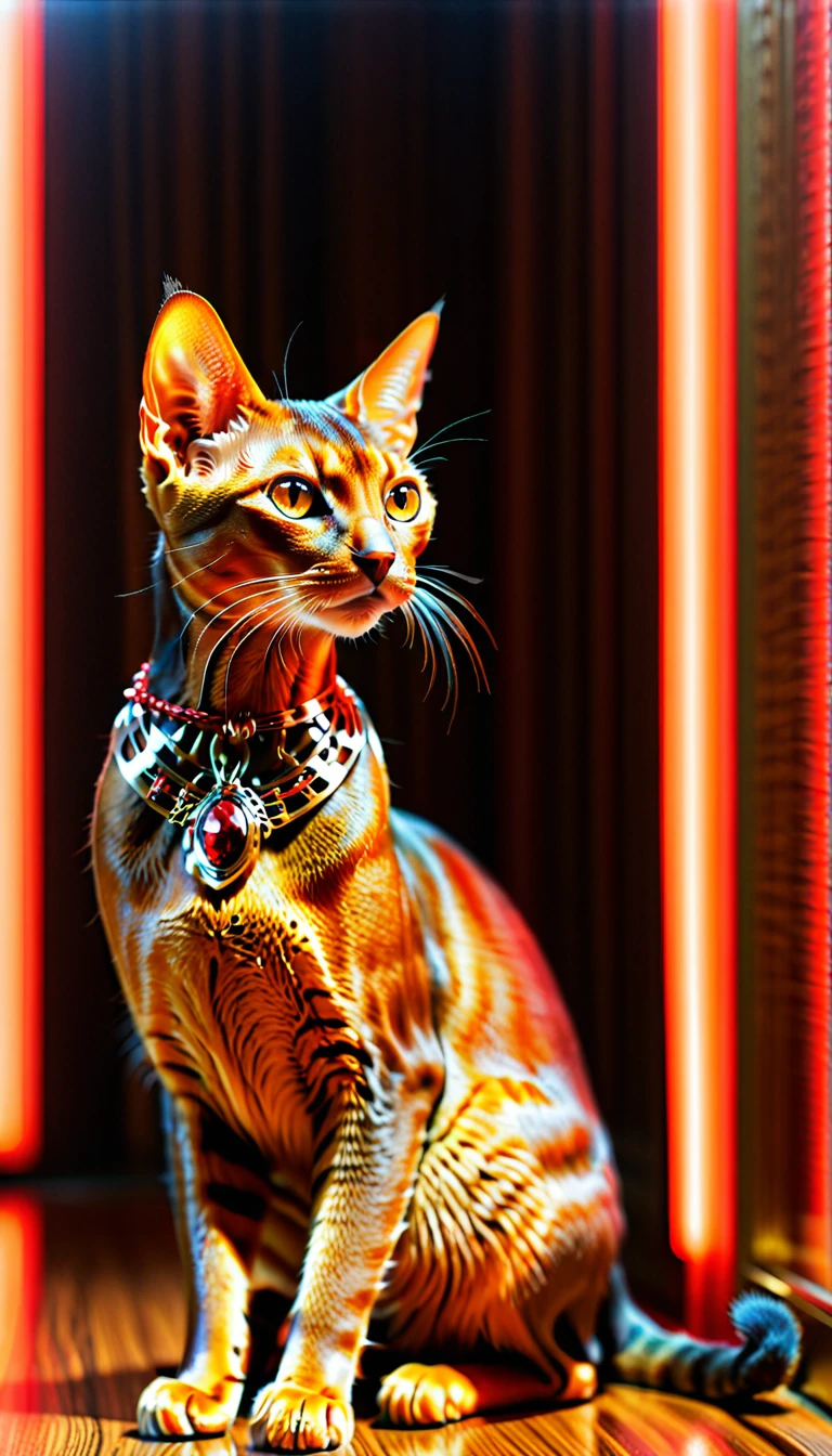 There is no one, realistic photo, realism, Abyssinian (Abyssinian) cat, future oriented, metal decoration, Shining red light inside, hollow interior, Polish, ray tracing, perfect composition, intricate details, Very sharp, masterpiece, profile, high resolution