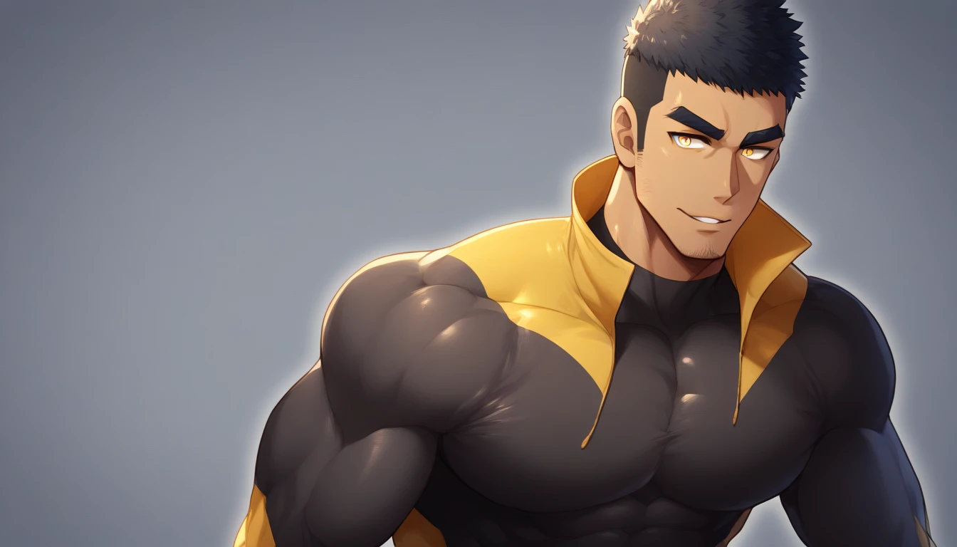 anime characters:Gyee, Muscle Sports Student, negro black skin, 1 dark skin muscular tough guy, Manliness, male focus, Light yellow high collar long sleeve tight T-shirt, Slightly transparent material, Very tight, Round, full and perky chest muscles, Slightly transparent, muscular male, muscular, only, Upper body, alone, Black short hair, Thick eyebrows, stubble, Yellow eyes, Grey background, simple background, amazing quality, best aesthetics, Ridiculous, bright pupils, crew cut, parted lips, seductive smile, torogao, naughty face, drop shadow, best quality