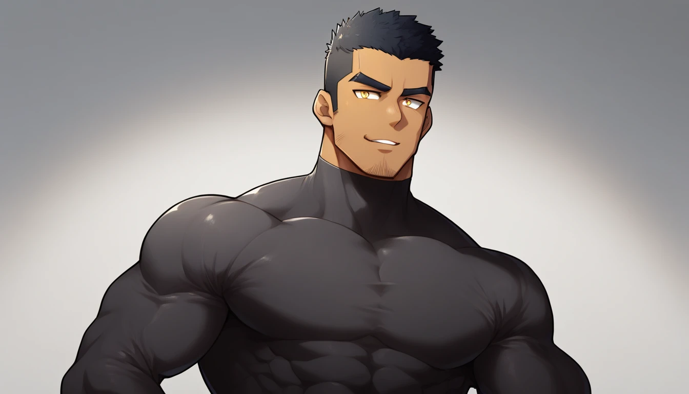 anime characters:Gyee, Muscle Sports Student, negro black skin, 1 dark skin muscular tough guy, Manliness, male focus, Dark grey high collar long sleeve wetsuit, Matte texture, Very tight, Round, full and perky chest muscles, Slightly transparent, muscular male, muscular, only, Upper body, alone, Black short hair, Thick eyebrows, stubble, Yellow eyes, Grey background, simple background, amazing quality, best aesthetics, Ridiculous, bright pupils, crew cut, parted lips, seductive smile, torogao, naughty face, drop shadow, best quality