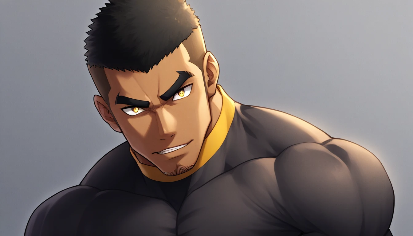 anime characters：Gyee, Muscle Sports Student, negro black skin, 1 dark skin muscular tough guy, Manliness, male focus, Light yellow high collar long sleeve tight T-shirt, Slightly transparent material, Very tight, Round, full and perky chest muscles, Slightly transparent, muscular male, muscular, only, Upper body, alone, Black short hair, Thick eyebrows, stubble, Yellow eyes, Grey background, simple background, amazing quality, best aesthetics, Ridiculous, bright pupils, crew cut, parted lips, seductive smile, torogao, naughty face, drop shadow, best quality
