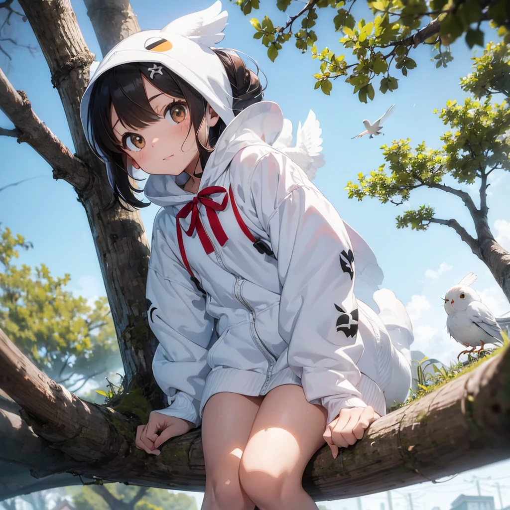 ten girl in white bird kigurumi,there is a small white bird sitting on a branch, birb, kitty-bird hybrid, sentient bird, cute little creature, cute creature, anthropomorphic bird, frosty white eyes, sparkling bird eyes, on a branch, the cutest creature in the world, cute animal, perched in a tree