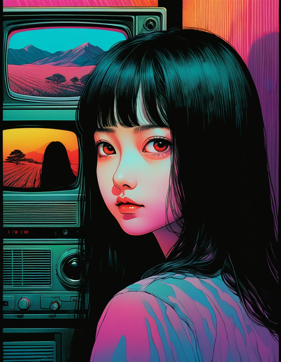 An illustration、art、Supervised by Junji Ito、Hidden Images、double image、double image、High detail, Realistic shadows、Analog Style, VHS style, 8mm film, chromatic aberration, DVD Screen Grab、Complementary Gradient、Surrealism