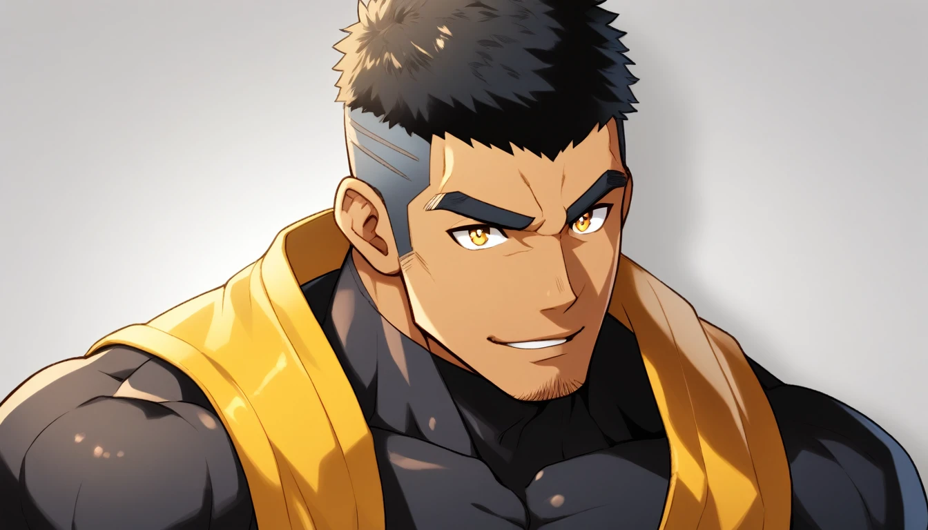 anime characters:Gyee, Muscle Sports Student, negro black skin, 1 dark skin muscular tough guy, Manliness, male focus, Light yellow high collar long sleeve tight T-shirt, Slightly transparent material, Very tight, Round, full and perky chest muscles, Slightly transparent, muscular male, muscular, only, Upper body, alone, Black short hair, Thick eyebrows, stubble, Yellow eyes, Grey background, simple background, amazing quality, best aesthetics, Ridiculous, bright pupils, crew cut, parted lips, seductive smile, torogao, naughty face, drop shadow, best quality
