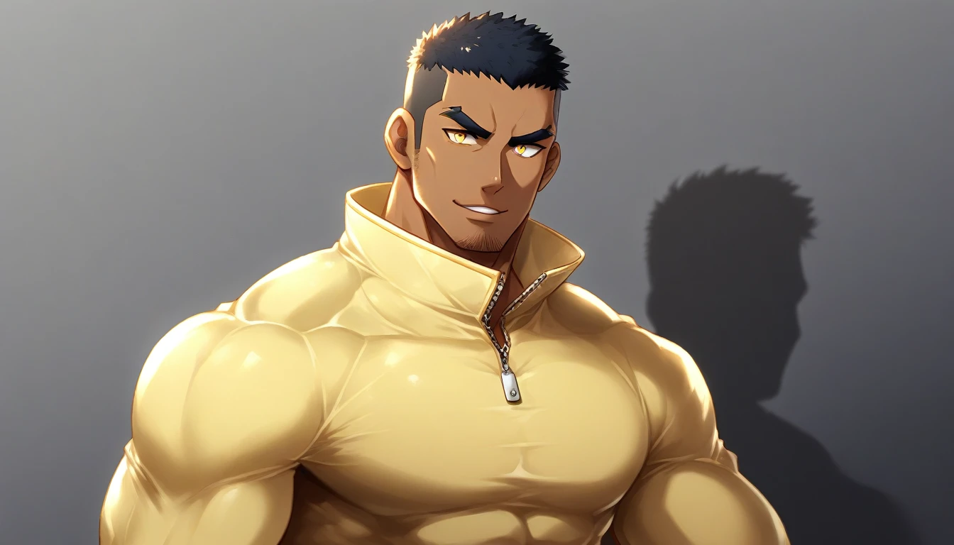 anime characters:Gyee, Muscle Sports Student, negro black skin, 1 dark skin muscular tough guy, Manliness, male focus, Light yellow high collar long sleeve tight T-shirt, Slightly transparent material, Very tight, Round, full and perky chest muscles, Slightly transparent, muscular male, muscular, only, Upper body, alone, Black short hair, Thick eyebrows, stubble, Yellow eyes, Grey background, simple background, amazing quality, best aesthetics, Ridiculous, bright pupils, crew cut, parted lips, seductive smile, torogao, naughty face, drop shadow, best quality