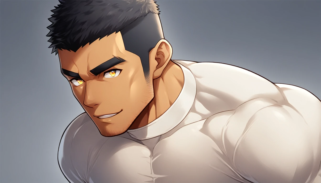 anime characters:Gyee, Muscle Sports Student, negro black skin, 1 dark skin muscular tough guy, Manliness, male focus, Light yellow high collar long sleeve tight T-shirt, Slightly transparent material, Very tight, Round, full and perky chest muscles, Slightly transparent, muscular male, muscular, only, Upper body, alone, Black short hair, Thick eyebrows, stubble, Yellow eyes, Grey background, simple background, amazing quality, best aesthetics, Ridiculous, bright pupils, crew cut, parted lips, seductive smile, torogao, naughty face, drop shadow, best quality