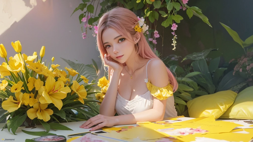 32k, Masterpiece, Highest quality, One girl, Detailed eyes, flower,gladiolus, Yellow and pink style,A dreamy, romantic piece,Pale yellow, Mysterious Leaves,A playful arrangement,Fantasy,High Contrast,Ink strokes,explosion,Exposure, Impression of yellow and white tones,Abstract,((Watercolours by John Berkey and Jeremy Mann )) Brush strokes,Negative Space, Tyndall effect,