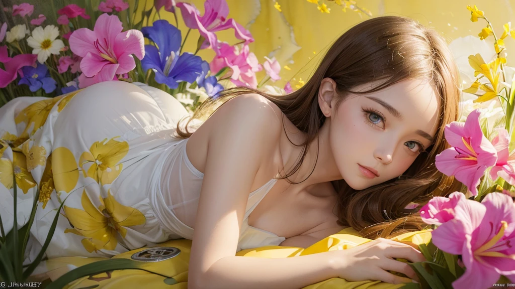 32k, Masterpiece, Highest quality, One girl, Detailed eyes, flower,gladiolus, Yellow and pink style,A dreamy, romantic piece,Pale yellow, Mysterious Leaves,A playful arrangement,Fantasy,High Contrast,Ink strokes,explosion,Exposure, Impression of yellow and white tones,Abstract,((Watercolours by John Berkey and Jeremy Mann )) Brush strokes,Negative Space, Tyndall effect,