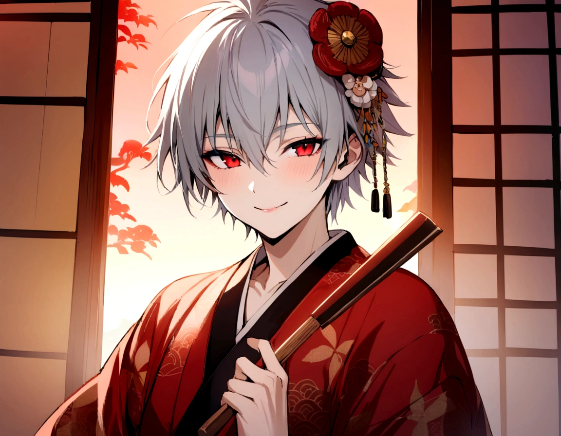 masterpiece, best quality, kaworu nagisa, cute, hot, elegant, seductive, red eyes, 1boy, ancient japan background, boy wearing female kimono, red decorative kimono, hair accessories, holding fan, smiling sweetly