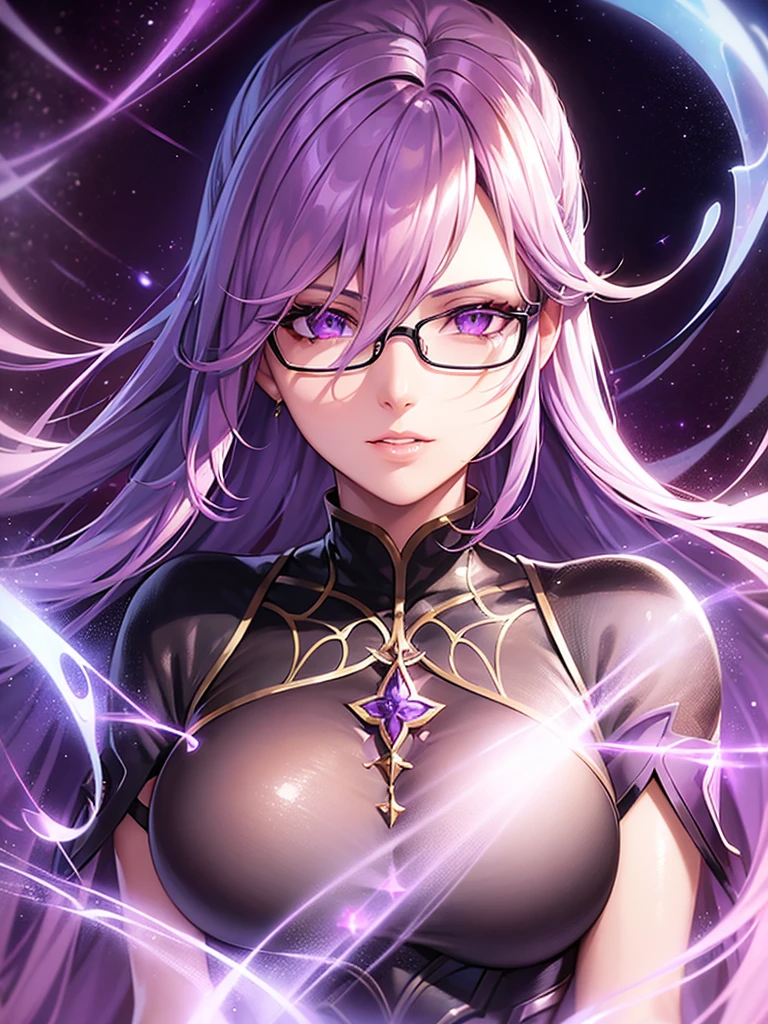 a beautiful detailed portrait of mash kyrielight from fate series, beautiful detailed eyes, beautiful detailed lips, extremely detailed face, long eyelashes, glasses, purple hair, purple-colored background, glowing purple air, ethereal, cinematic lighting, highly detailed, 8k, photorealistic, dramatic composition, digital painting