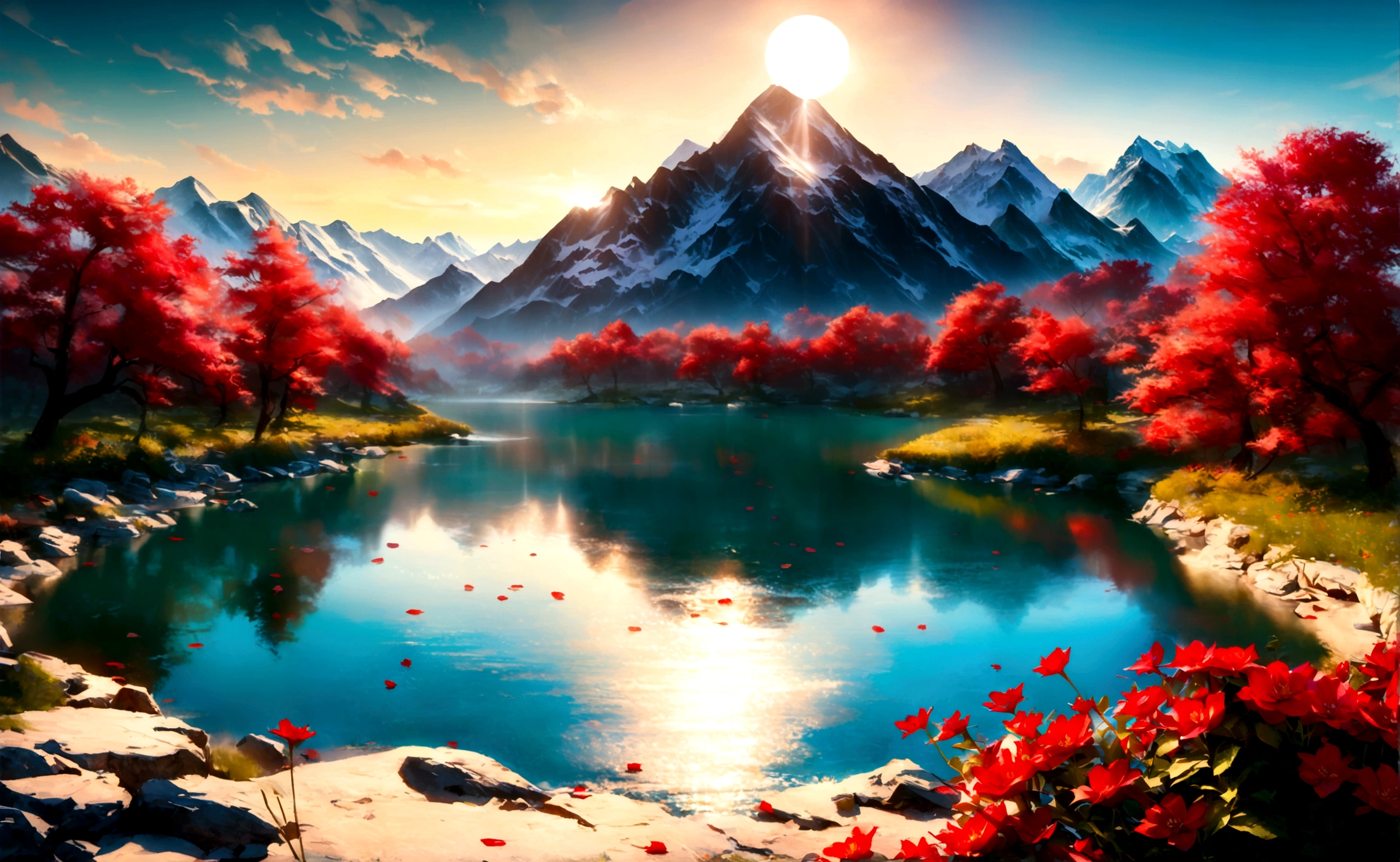 A picturesque scene with the grandeur of Chinese red, poetic elegance, and traditional elements, overlooking a tranquil river with the sun rising, crimson flowers floating on the water, and an ethereal mist enveloping the mountains. The scene exudes a sense of timeless beauty and harmony, capturing the essence of spring with deep green river waters, sparkling blue gemstones, and fresh, vivid colors. The entire landscape appears as if the heavens and earth have converged, creating a mesmerizing and serene atmosphere. The detailed depiction of the surroundings should have the best quality (4k,8k,highres,masterpiece:1.2) and be ultra-detailed with a realistic, photorealistic style (photo-realistic:1.37). The lighting should emphasize studio lighting, sharp focus, vivid colors, and an overall sense of tranquility.