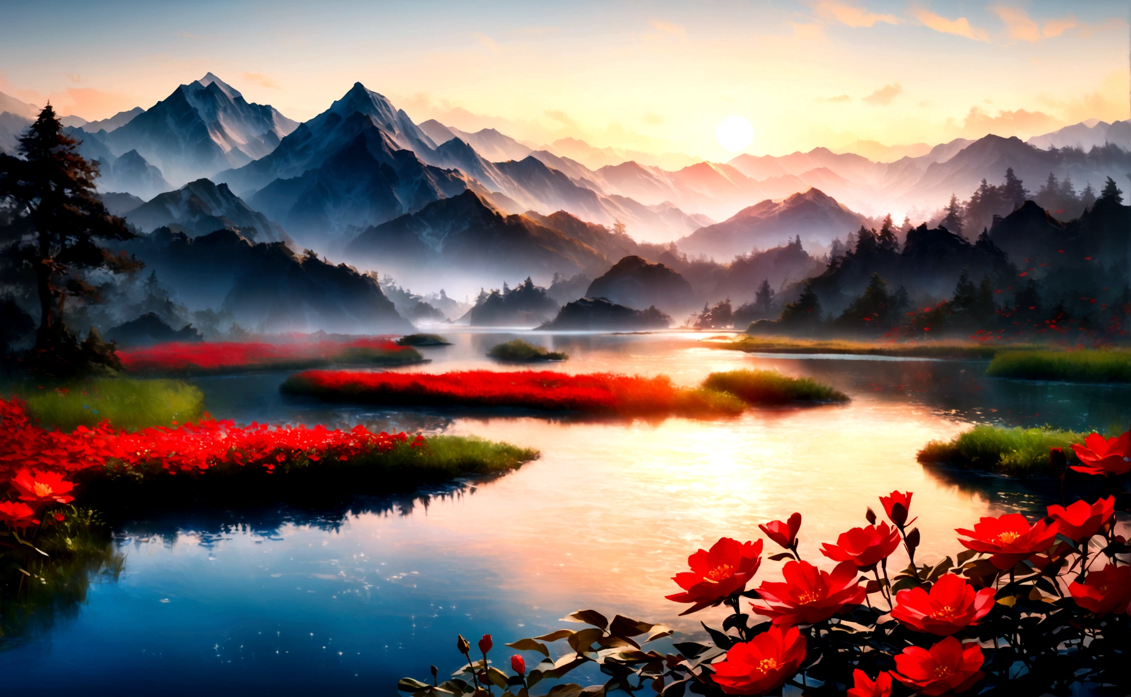 A picturesque scene with the grandeur of Chinese red, poetic elegance, and traditional elements, overlooking a tranquil river with the sun rising, crimson flowers floating on the water, and an ethereal mist enveloping the mountains. The scene exudes a sense of timeless beauty and harmony, capturing the essence of spring with deep green river waters, sparkling blue gemstones, and fresh, vivid colors. The entire landscape appears as if the heavens and earth have converged, creating a mesmerizing and serene atmosphere. The detailed depiction of the surroundings should have the best quality (4k,8k,highres,masterpiece:1.2) and be ultra-detailed with a realistic, photorealistic style (photo-realistic:1.37). The lighting should emphasize studio lighting, sharp focus, vivid colors, and an overall sense of tranquility.