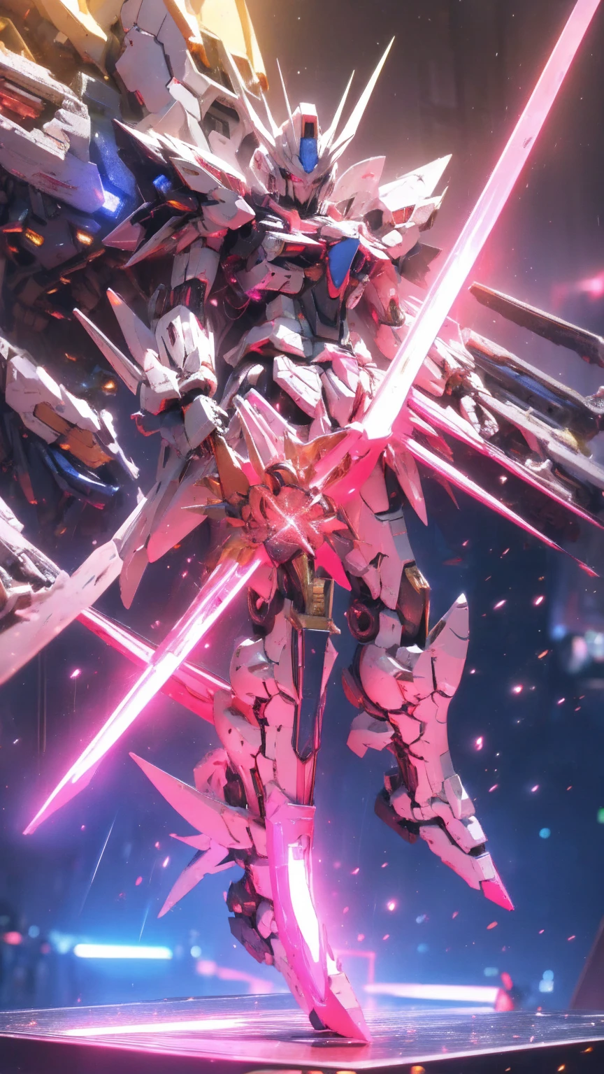 Real、high resolution、8K、The Strike Freedom Gundam stands in space emitting pink light particles.、Particles of light are enveloping expectations
