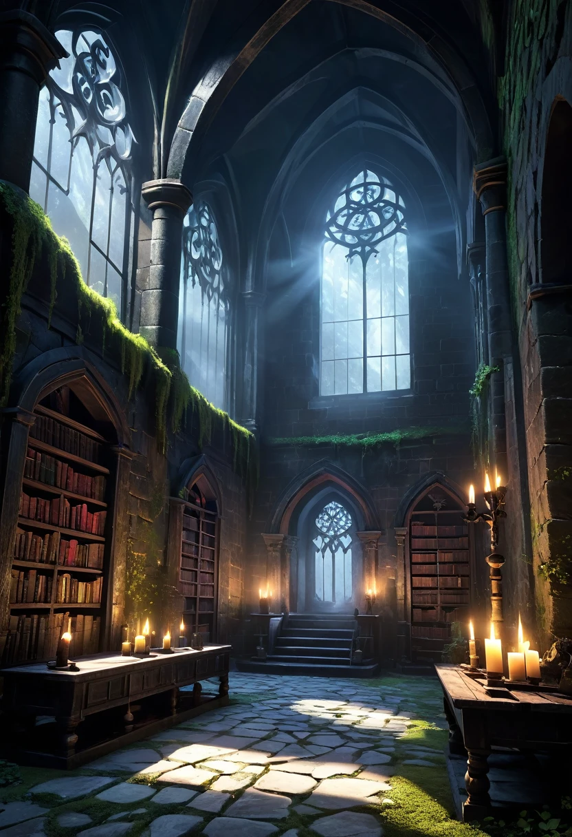 Location: A secluded, secluded section of an old magic school, away from the main hustle and bustle.architecture: old stone walls, covered with vines and moss, with gothic arches and narrow windows that let in little light.lightning: Dim red lights coming from enchanted torches mounted on the walls, providing a mysterious and shadowy glow.Environment: Quiet and slightly disturbing. The place is filled with shelves of dusty books and forgotten magical artifacts..details:Furniture: Dark wood tables and chairs, worn by time, with arcane symbols etched into their surfaces.Decor: Ancient tapestries with scenes of sorcerers and magical creatures in battle, and stone statues that seem to observe visitors.floor: cold and dark stone, with runic patterns barely visible on some slabs.Doors: Solid wood with iron knockers, some ajar, suggesting secrets hidden beyond.Magic Elements:Floating Objects: Books and scrolls floating slowly in the air, moved by forgotten enchantments.glowing runes: Some stones on the floor and walls have runes that flash with a faint red glow..Magic Mists: A light magical mist moving across the ground, giving an ethereal and mystical feeling.