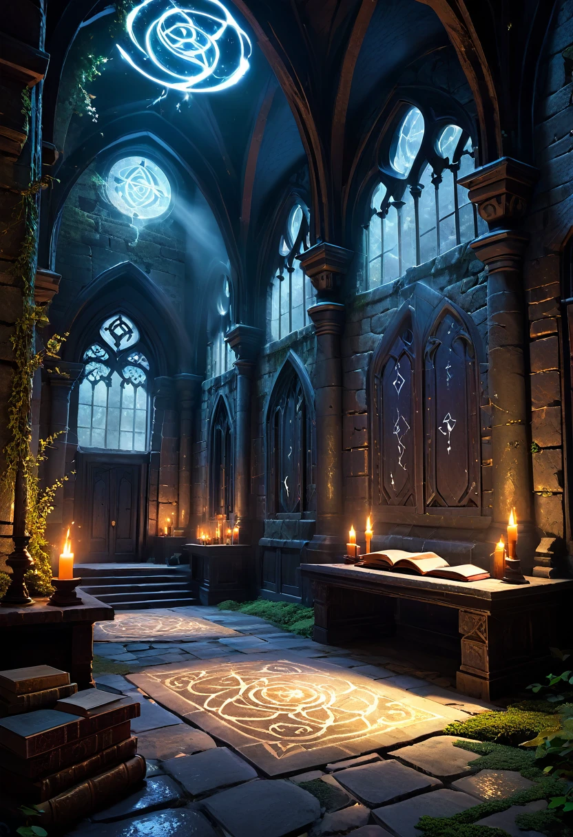 Location: A secluded, secluded section of an old magic school, away from the main hustle and bustle.architecture: old stone walls, covered with vines and moss, with gothic arches and narrow windows that let in little light.lightning: Dim red lights coming from enchanted torches mounted on the walls, providing a mysterious and shadowy glow.Environment: Quiet and slightly disturbing. The place is filled with shelves of dusty books and forgotten magical artifacts..details:Furniture: Dark wood tables and chairs, worn by time, with arcane symbols etched into their surfaces.Decor: Ancient tapestries with scenes of sorcerers and magical creatures in battle, and stone statues that seem to observe visitors.floor: cold and dark stone, with runic patterns barely visible on some slabs.Doors: Solid wood with iron knockers, some ajar, suggesting secrets hidden beyond.Magic Elements:Floating Objects: Books and scrolls floating slowly in the air, moved by forgotten enchantments.glowing runes: Some stones on the floor and walls have runes that flash with a faint red glow..Magic Mists: A light magical mist moving across the ground, giving an ethereal and mystical feeling.