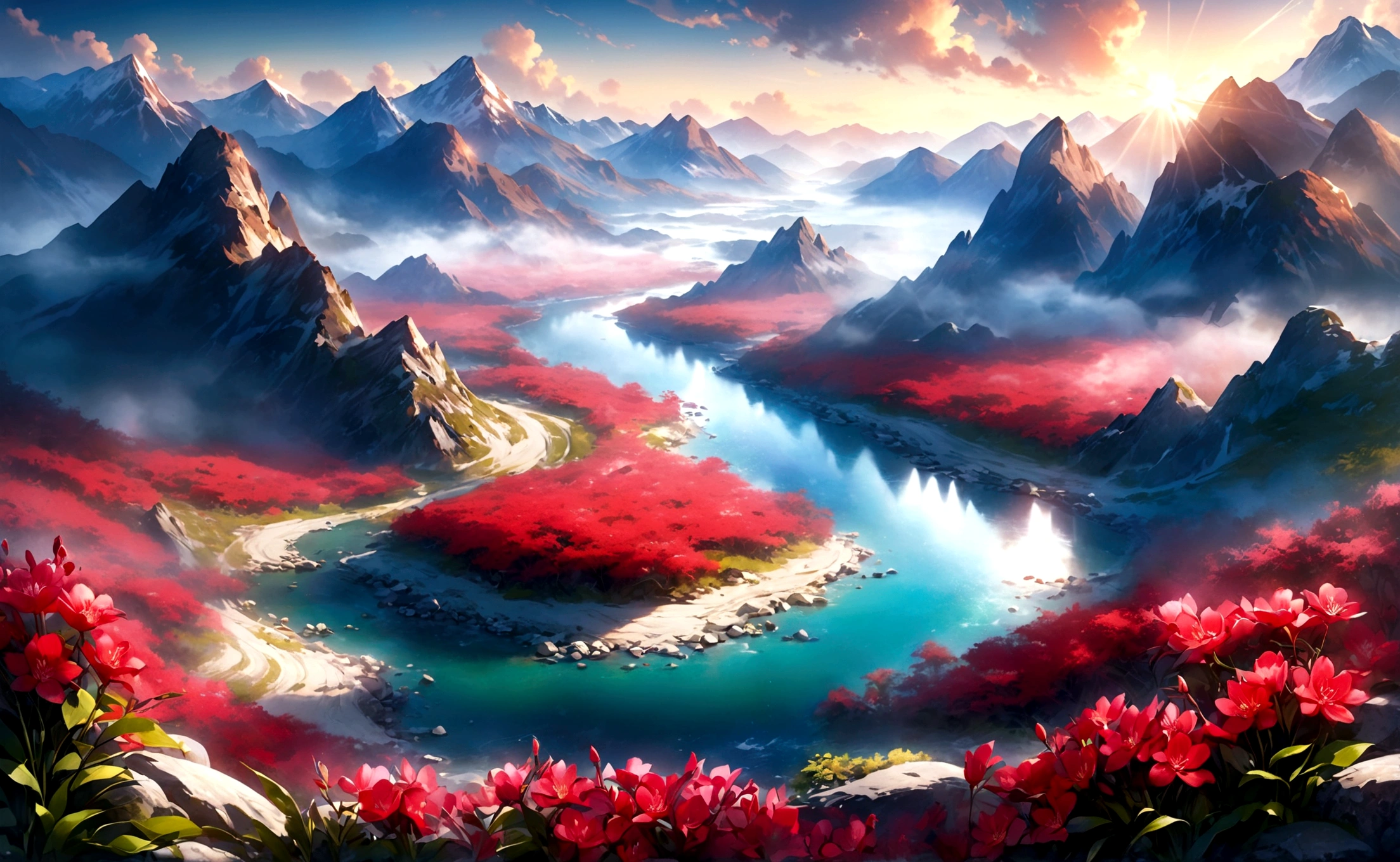 A picturesque scene with the grandeur of Chinese red, poetic elegance, and traditional elements, overlooking a tranquil river with the sun rising, crimson flowers floating on the water, and an ethereal mist enveloping the mountains. The scene exudes a sense of timeless beauty and harmony, capturing the essence of spring with deep green river waters, sparkling blue gemstones, and fresh, vivid colors. The entire landscape appears as if the heavens and earth have converged, creating a mesmerizing and serene atmosphere. The detailed depiction of the surroundings should have the best quality (4k,8k,highres,masterpiece:1.2) and be ultra-detailed with a realistic, photorealistic style (photo-realistic:1.37). The lighting should emphasize studio lighting, sharp focus, vivid colors, and an overall sense of tranquility.