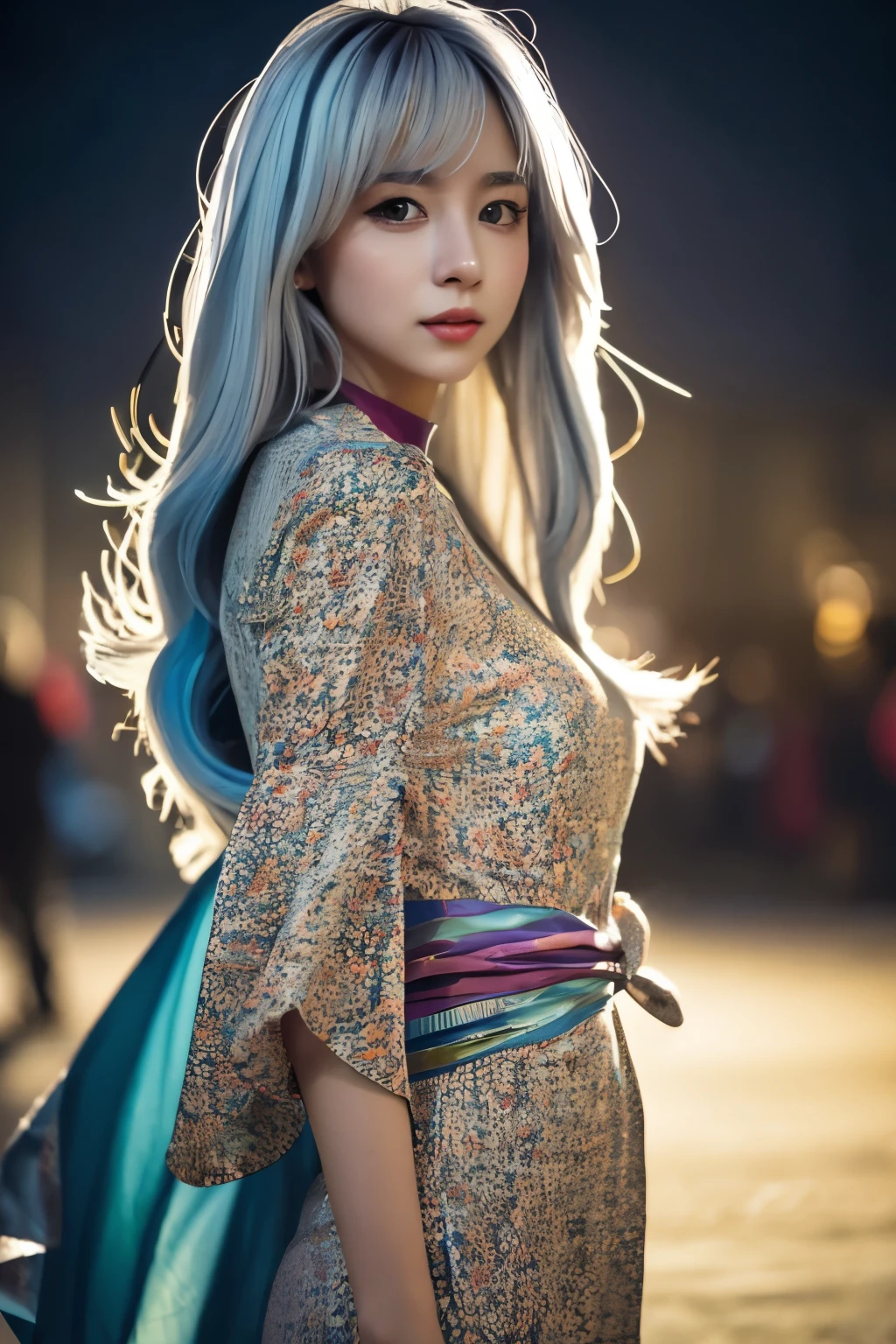 Masterpiece, high quality, high resolution, 8K, (solo:1.2), ((1girl)), Japanese woman, detailed face, detailed eyes, correct body structure, upper body, ((White hair:1.2)), very long hair, messy hair, slender body, seductive silhouette, luminous bones, depth of field, dark photo at nighttime, dimly lit, bangs, Cinematic Lighting, Tyndall effect, abstract background, futuristic outfits, vibrant colors, modern style, wide sleeves, artistic, unique patterns, colorful, stylish, trendy