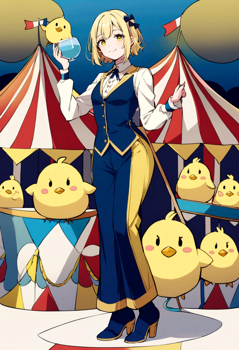 girl, whole body, short hair, Blonde Hair, small, yellow, smile,Circus, Chick, yellowと紺の衣装, Long navy blue boots