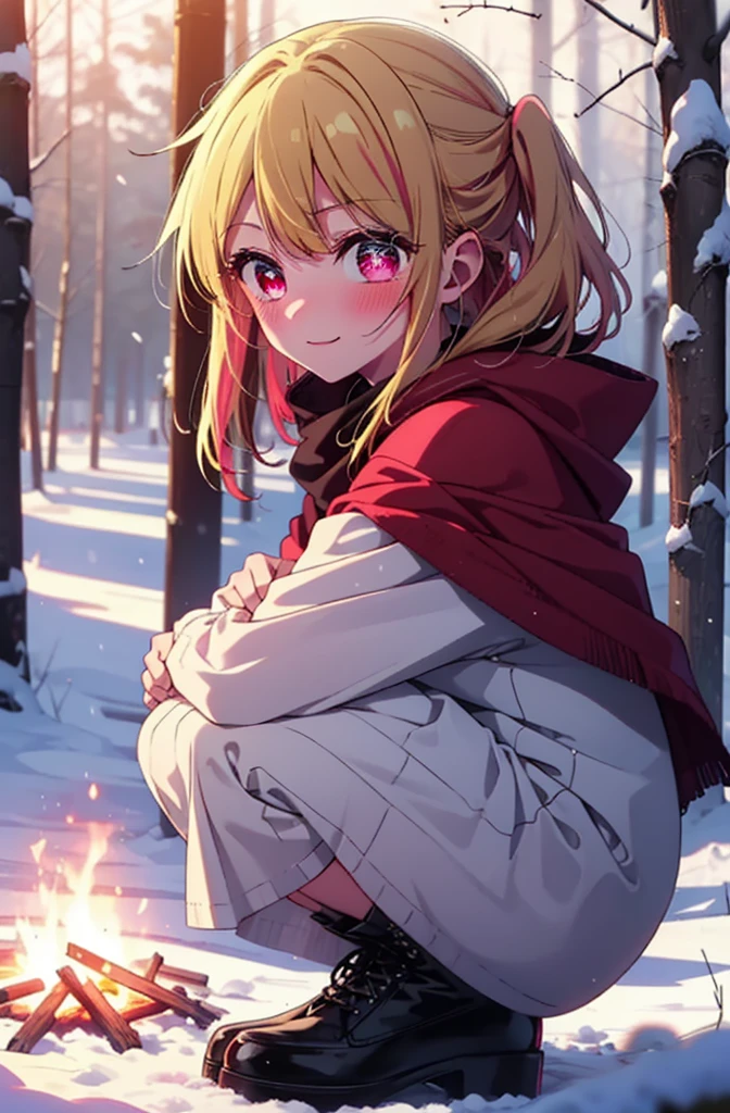 rubyhoshino, Hoshino Ruby, Long Hair, bangs, Blonde, (Pink Eyes:1.3), Side Lock, (Symbol-shaped pupil:1.5), Multicolored Hair, Two-tone hair, smile,,smile,blush,White Breath,
Open your mouth,snow,Ground bonfire, Outdoor, boots, snowing, From the side, wood, suitcase, Cape, Blurred, , forest, White handbag, nature,  Squat, Mouth closed, Cape, winter, Written boundary depth, Black shoes, red Cape break looking at viewer, Upper Body, whole body, break Outdoor, forest, nature, break (masterpiece:1.2), Highest quality, High resolution, unity 8k wallpaper, (shape:0.8), (Beautiful and beautiful eyes:1.6), Highly detailed face, Perfect lighting, Highly detailed CG, (Perfect hands, Perfect Anatomy),