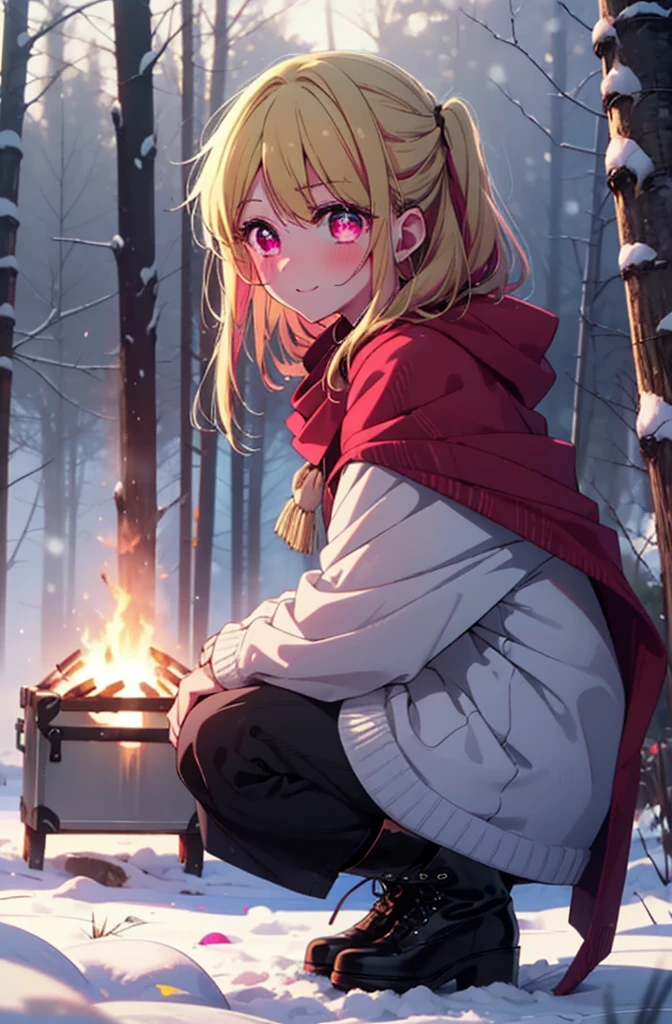 rubyhoshino, Hoshino Ruby, Long Hair, bangs, Blonde, (Pink Eyes:1.3), Side Lock, (Symbol-shaped pupil:1.5), Multicolored Hair, Two-tone hair, smile,,smile,blush,White Breath,
Open your mouth,snow,Ground bonfire, Outdoor, boots, snowing, From the side, wood, suitcase, Cape, Blurred, , forest, White handbag, nature, Squat, Mouth closed, Cape, winter, Written boundary depth, Black shoes, red Cape break looking at viewer, Upper Body, whole body, break Outdoor, forest, nature, break (masterpiece:1.2), Highest quality, High resolution, unity 8k wallpaper, (shape:0.8), (Beautiful and beautiful eyes:1.6), Highly detailed face, Perfect lighting, Highly detailed CG, (Perfect hands, Perfect Anatomy),
