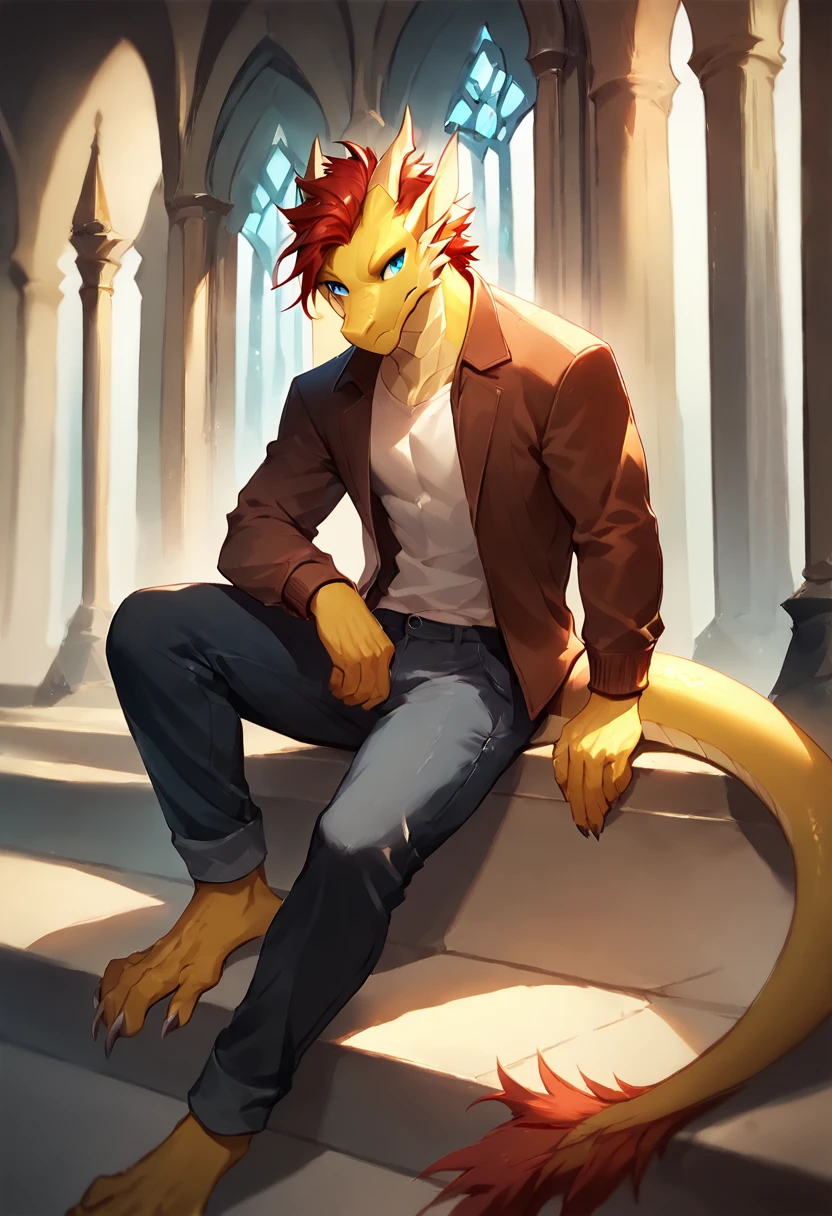 score_9, score_8_up, score_7_up, score_6_up, score_5_up, score_4_up, (solo), male anthro yellow dragon, solo, castle, sitting, red hair, blue eyes, long length hairstyle, athletic, pants, fencer