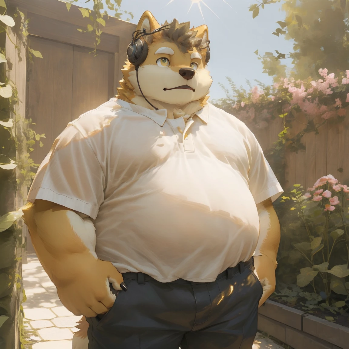masterpiece, best quality, 8k resolution, Very detailed, hairy，Shiba Inu，(Black hair)，(((golden fur)))，(((Golden Eyes)))，Chubby，Chubby face，(((White shirt)))，(((Loose shirt)))，((Black pants))，Highest quality scene，(((Solitary)))，(((solitary)))，((Wear in-ear headphones))，((garden))，(((Sunlight)))，(((Standing)))，(((Round face)))，(((whole body)))，(((Medium shot)))