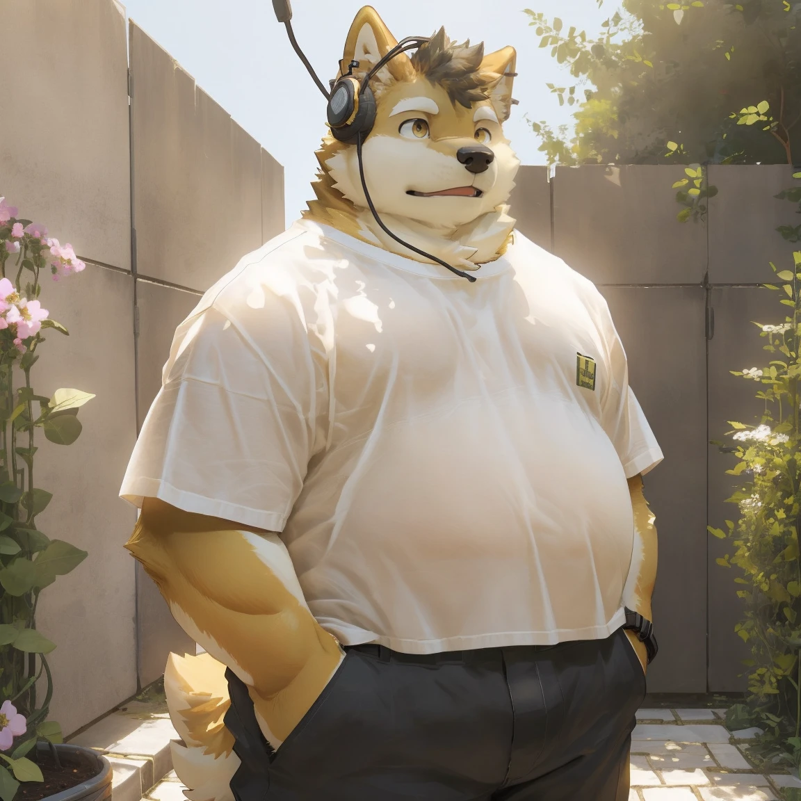 masterpiece, best quality, 8k resolution, Very detailed, hairy,Shiba Inu,(Black hair),(((golden fur))),(((Golden Eyes))),Chubby,Chubby face,(((White shirt))),(((Loose shirt))),((Black pants)),Highest quality scene,(((Solitary))),(((solitary))),((Wear in-ear headphones)),((garden)),(((Sunlight))),(((Standing))),(((Round face))),(((whole body))),(((Medium shot)))