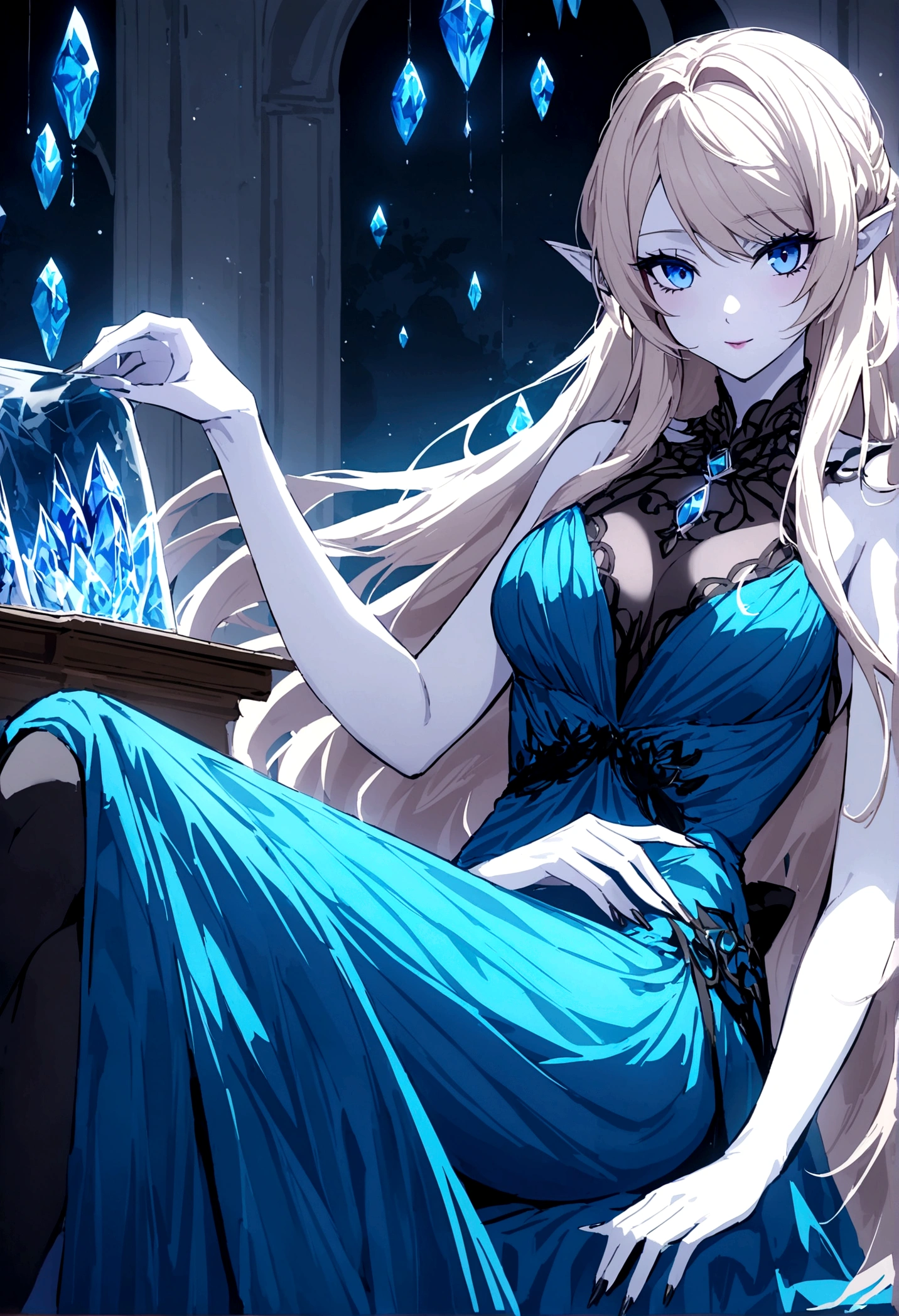 A moon elf (greatly resembling Paris Hilton age 25, waist length hair, pale skin, crystal blue eyes, spider silk sheer evening gown) is flirting and studying the viewer, moonlit glade