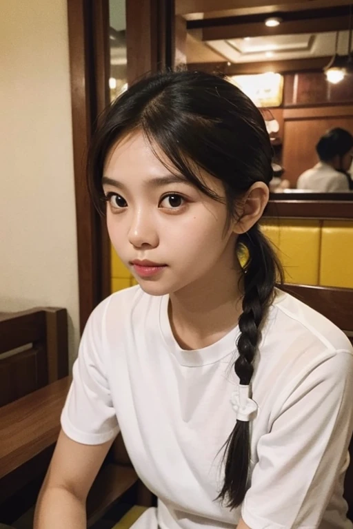 a potrait of a ponytail malay girl wearing white shirt sitting at eating table at a malay food restaurant.. view from her front.. her eyes looking straight to camera