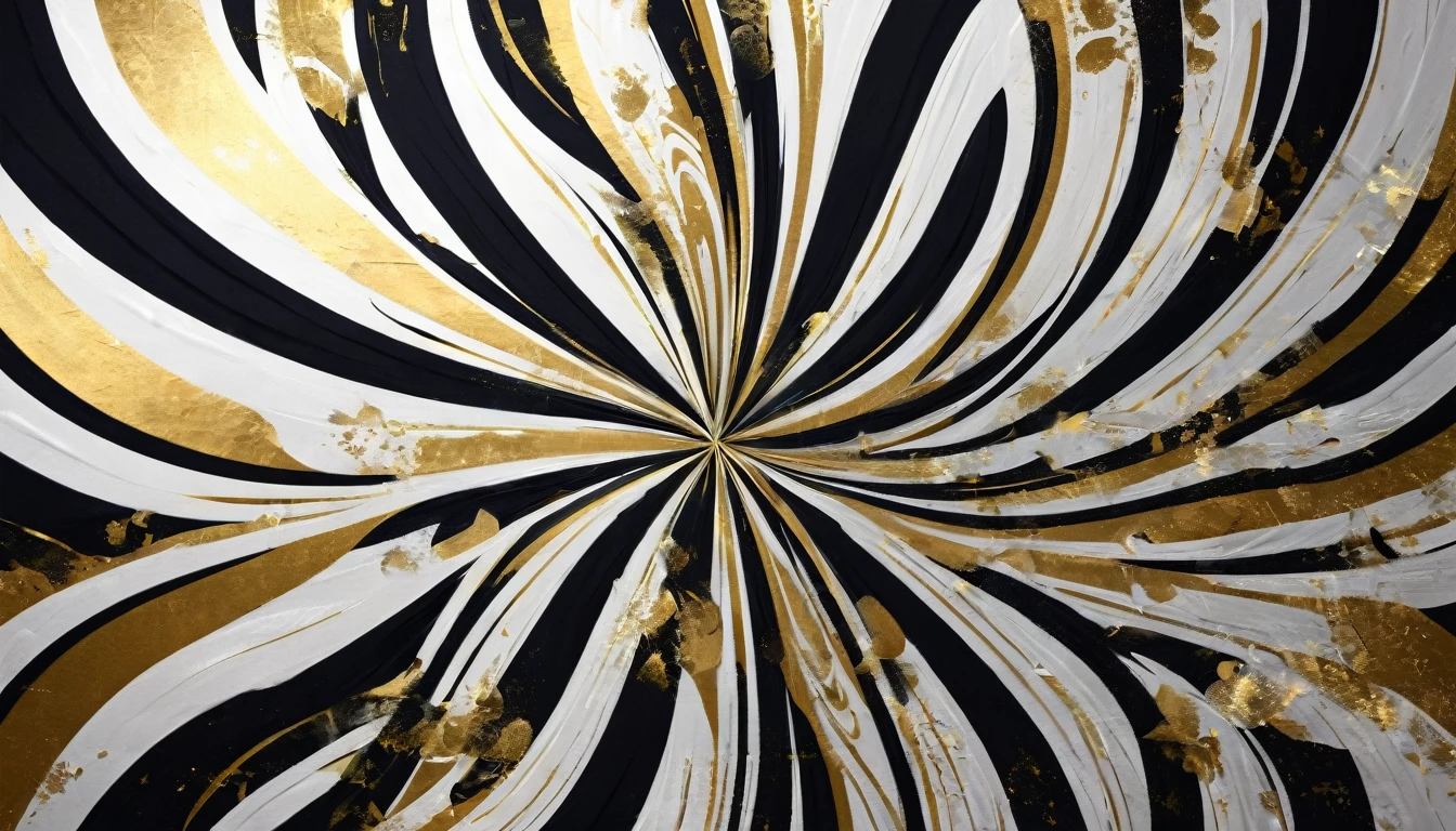 "Produce a 2D gift wrap design with two wide abstract flowing lines in bold black and white, and one narrow line with a metallic golden effect. The design should be symmetrical, starting from the middle and radiating outward. The contrast should create a striking and modern look, with lines that weave and overlap in a mesmerizing pattern. Additionally, integrate flower vectors into the design symmetrically. All elements should be seamlessly blended into the abstract pattern to convey a contemporary and elegant aesthetic."