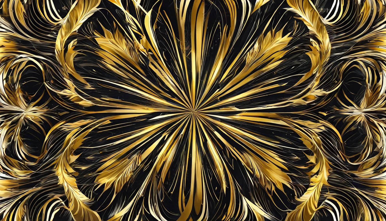 "Produce a 2D gift wrap design with two wide abstract flowing lines in bold black and white, and one narrow line with a metallic golden effect. The design should be symmetrical, starting from the middle and radiating outward. The contrast should create a striking and modern look, with lines that weave and overlap in a mesmerizing pattern. Additionally, integrate flower vectors into the design symmetrically. All elements should be seamlessly blended into the abstract pattern to convey a contemporary and elegant aesthetic."