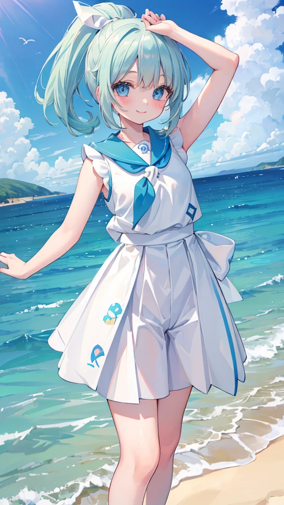 ((masterpiece)), Confused, ((Lily_Pokemon)), Aqua Eye, blonde,ponytail、Beautiful white skin、White ribbon, White Sailor Suit、White pleated skirt , Sleeveless, ((Charm))、smile、Perfect proportions、On a quiet tropical beach、((View of the sea))、((Angle from below))、Water Drop、