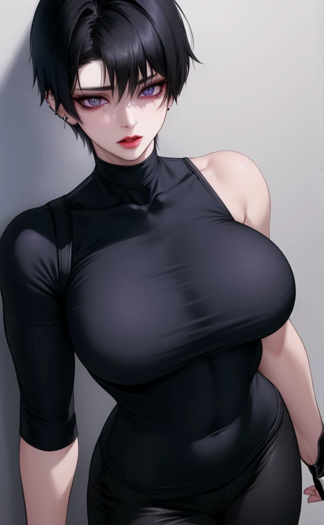 *she have white loose shirt, long black fingerless gloves, black combat pants, piercing in eyebrow, nose and ears. Have wolfcut hairstyle black fluffy short hair. She is tall and muscular but very skinny. have blue-violet eyes. She is big breasted. Slightly revealing through her clothes *