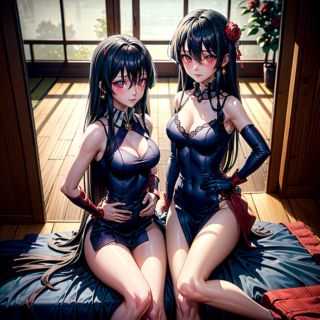 Character Details: - Gender: 1 Girl.
- Style: Anime - Body Type: Attractive body, slim body, nice bare legs, slim bare tights, bare arms, bare shoulders. - Breast: Medium Breast, Show Cleavage.
- Facial Features: Beautiful, Gorgeous, ager, Fresh, Young.
- Expression: Smile, Pink Blush on Face, Sexy Eyes, Sexy Look, Innocent Look.
- Clothing: Lingerie. - Body Pose: Sitting.
- Hand Pose: Hands on Hip.
- Behaviour: Waiting, Want Something, Secretly.
- Accessories: Flower Hair Piece, Earrings, Silk cloth. Environmental Details: - Setting: Japanese Indoor, Bed Room, Wooden, Ancient, Japan Fantasy, Window, Light, Stars, Night Sky, Particles. - Lighting: Natural Light. - Decoration: Japanese theme, Silk bed, Silk mattress, Soft bed, Silk ornament. silk curtain, pattern cloths, Flower Silk Pattern, Feathers, and Flowers. Artistic Style and Quality: - Masterpiece, top quality, best quality, official art, beautiful, and aesthetic:1.2 - Fractal art:1.1, Colorful:1.1, Highest detailed:1.2, Zentangle:1.2 - Crisp details, Sharp lines, Rich textures, Fine craftsmanship:1.3 - High resolution, Meticulous rendering:1.2, POV, anime style, UHD, retina, masterpiece, accurate, anatomically correct, textured