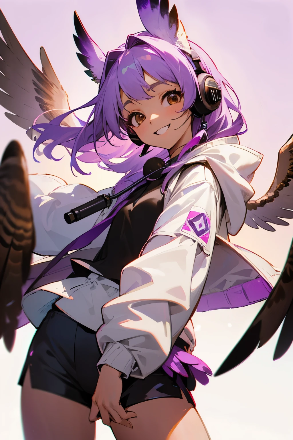 bird girl, long light purple hair, light brown skin, dark brown eyes, owl ears, owl wings, gradient feathers, (headset with mic), white jacket with hood and purple underside, black cami top, black shorts, smiling
