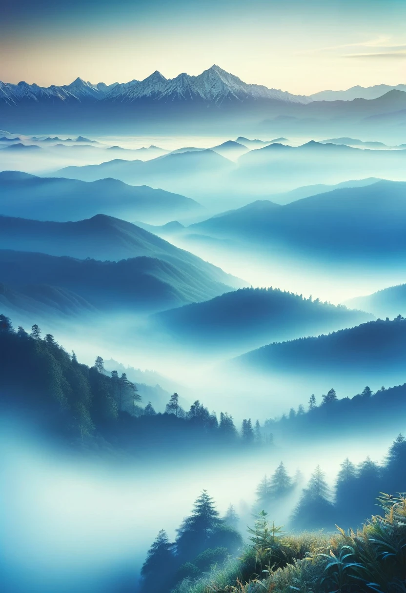    Mountain landscape in blue tones at sunrise time with sunrise as background. Mountain range in the distance covered with fog and low clouds. Misty mountains mist., Mountains are like ink paintings, foggy valleys, foggy morning scenery, sea of clouds, morning light, peaceful and dreamy atmosphere, distant views，Super Depth of Field，Ultra wide angle，The intricacies of microfocal length lenses、High-detail shooting, delicate art, realistic and ultra-detailed digital art style