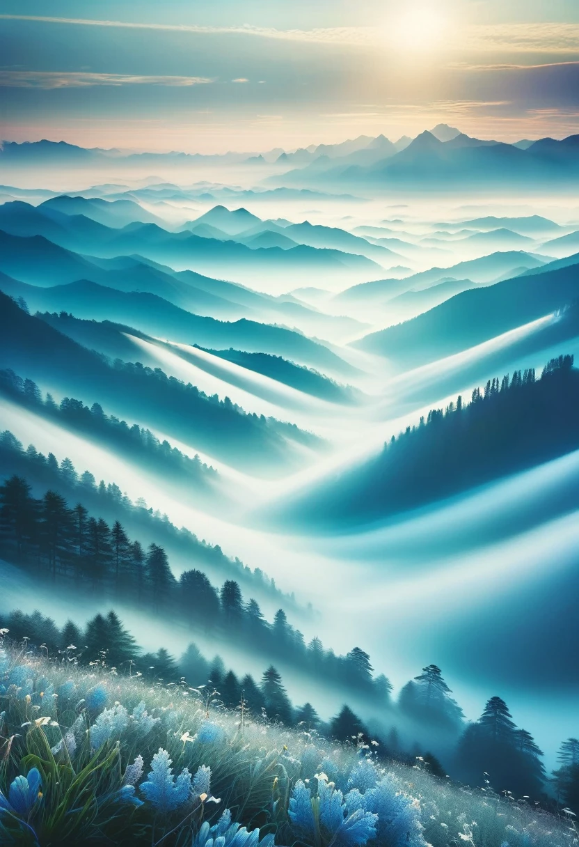    Mountain landscape in blue tones at sunrise time with sunrise as background. Mountain range in the distance covered with fog and low clouds. Misty mountains mist., Mountains are like ink paintings, foggy valleys, foggy morning scenery, sea of clouds, morning light, peaceful and dreamy atmosphere, distant views，Super Depth of Field，Ultra wide angle，The intricacies of microfocal length lenses、High-detail shooting, delicate art, realistic and ultra-detailed digital art style