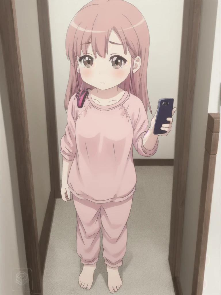 Standing image, full body, pose holding in pee, flushed face, drunk face, confused expression, teary eyes, sitting, holding smartphone in one hand, earphone cords coming out of both ears, salmon pink hair, medium length hair, woman around 40 years old, adult female figure, baby face, big eyes, cute eyes, brown eyes, average breasts, wearing loungewear, Bad anatomy, masterpiece, high quality, high resolution, plain white background,