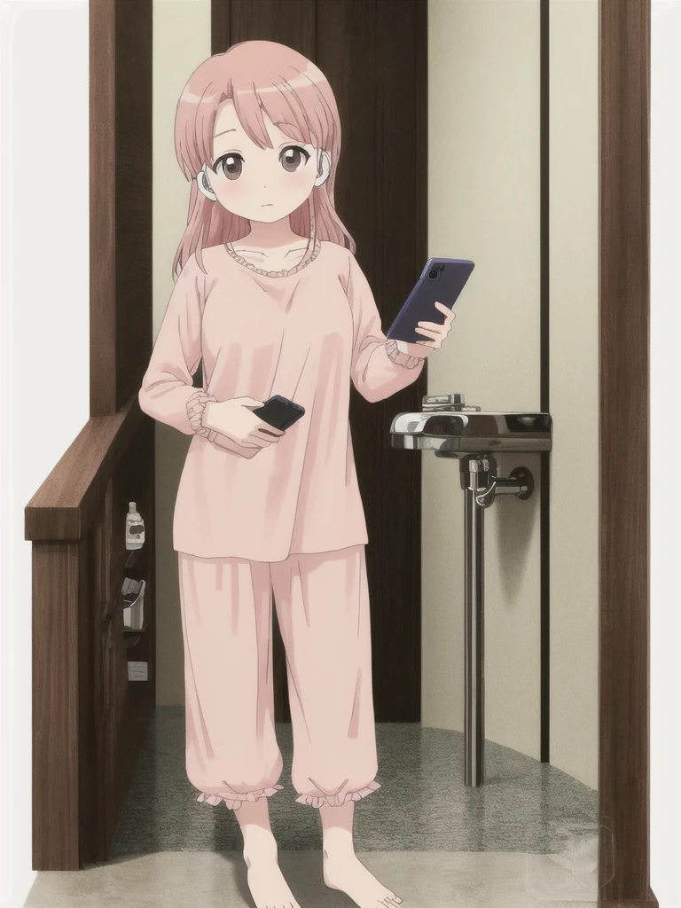 Standing image, full body, pose holding in pee, flushed face, drunk face, confused expression, teary eyes, sitting, holding smartphone in one hand, earphone cords coming out of both ears, salmon pink hair, medium length hair, woman around 40 years old, adult female figure, baby face, big eyes, cute eyes, brown eyes, average breasts, wearing loungewear, Bad anatomy, masterpiece, high quality, high resolution, plain white background,