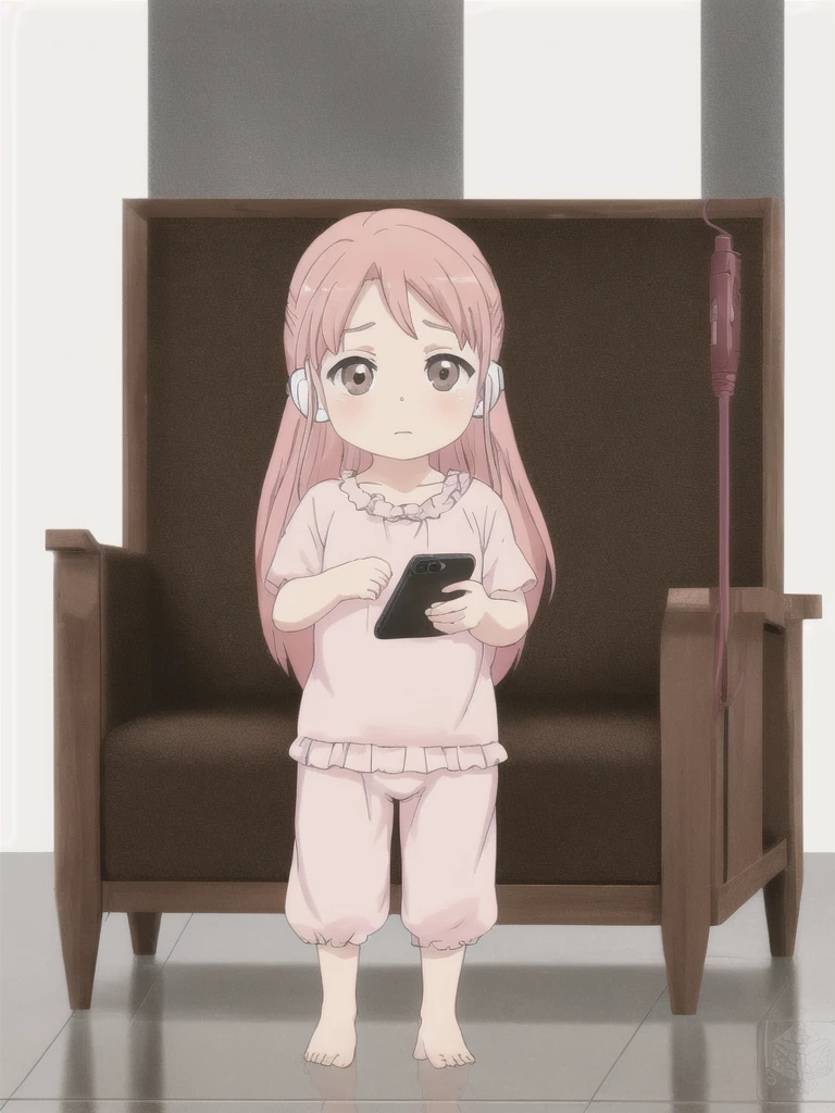 Standing image, full body, pose holding in pee, flushed face, drunk face, confused expression, teary eyes, sitting, holding smartphone in one hand, earphone cords coming out of both ears, salmon pink hair, medium length hair, woman around 40 years old, adult female figure, baby face, big eyes, cute eyes, brown eyes, average breasts, wearing loungewear, Bad anatomy, masterpiece, high quality, high resolution, plain white background,