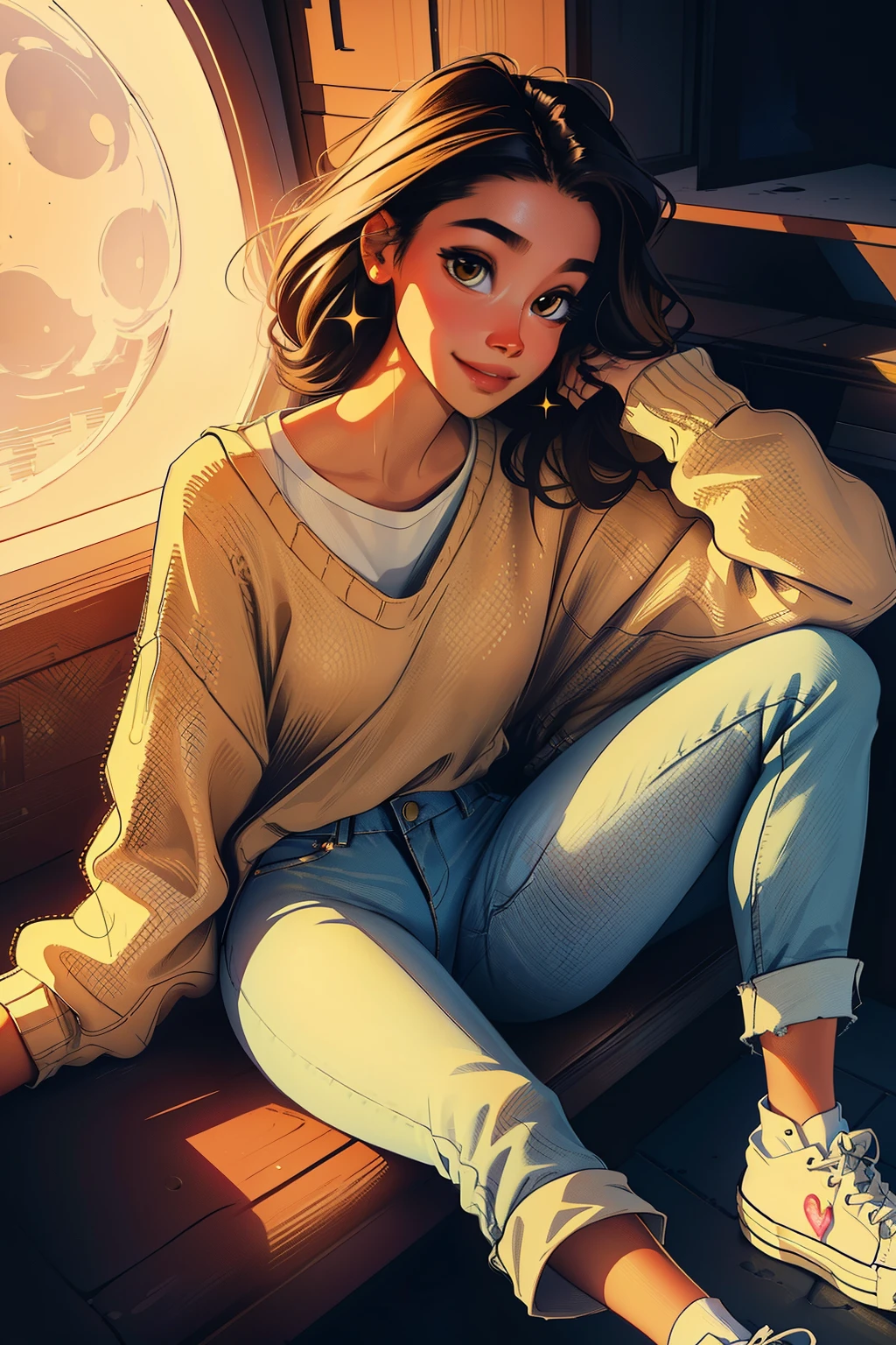Next to the Floating Moon, a young girl, adorable illustration, comfortably dressed – Sweater and Jeans, Modern style, casually styled hair, brown eyes sparkling with innocence, Exposed collarbones, plaid sweater, Jeans with a hint of rips, Converse sneakers on her feet, Aerial view from above, showing the entire body, a peaceful smile on her face, HD, best quality, dreams in her eyes, in a cozy corner of a moonlit park.