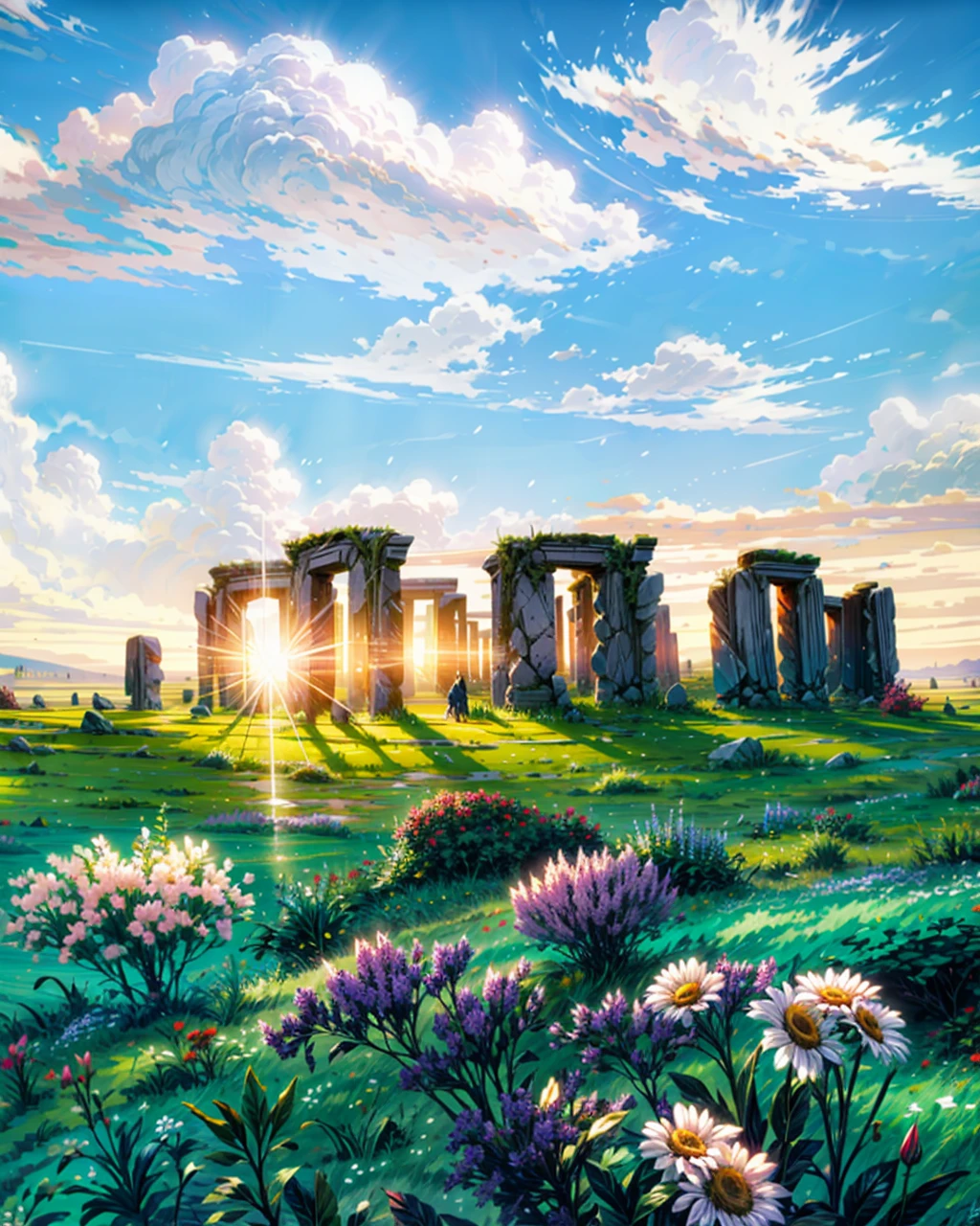 a painting of a field of flowers with the sun setting in the background, natural landscape background, beautiful landscape background, sunny day background, field of flowers background, ( thomas kincade ), ancient ruins background, landscape background, stonehenge, field of fantasy flowers, meadow background, landscape scenery, ( ( thomas kinkade ) ), fantastic background landscape, beautiful mattepainting, HD, UHD, HDR, 32 K