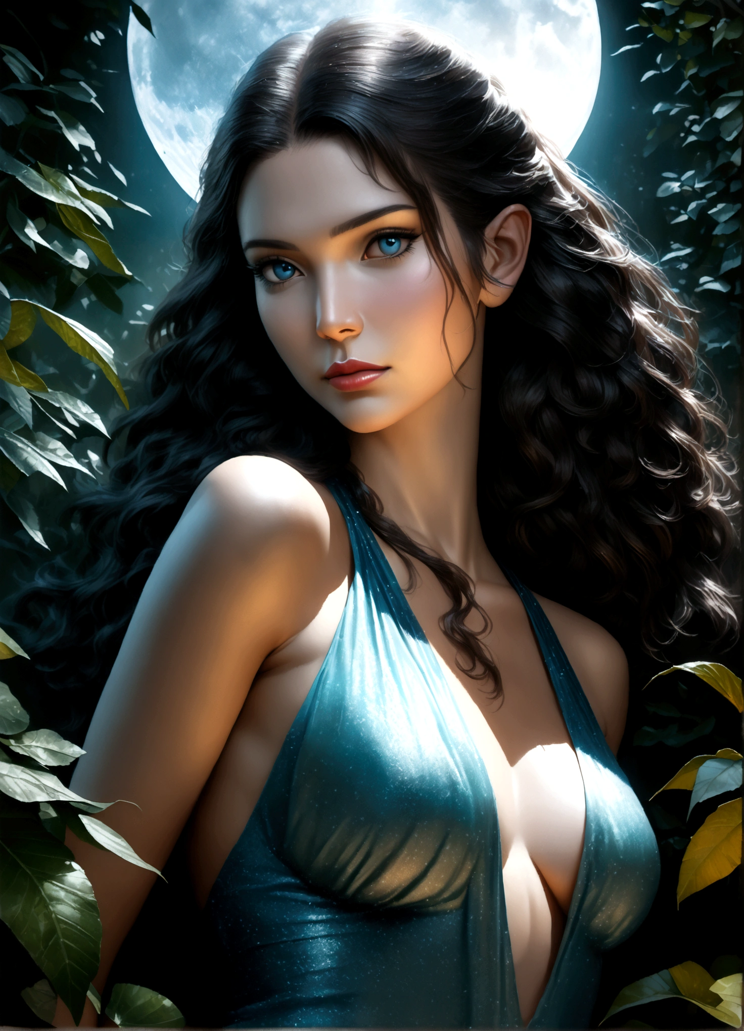 A beautiful young moon elf with waist-length hair, pale skin, and crystal blue eyes, wearing a sheer crystal silk evening gown, flirtatiously studying the viewer in a moonlit glade, (best quality,4k,8k,highres,masterpiece:1.2),ultra-detailed,(realistic,photorealistic,photo-realistic:1.37),portrait,fantasy,cinematic lighting,dramatic lighting,glowing skin,detailed facial features,long eyelashes,glossy lips,elegant pose,ethereal,shimmering fabric,moonlight,mist,full moon,lush foliage