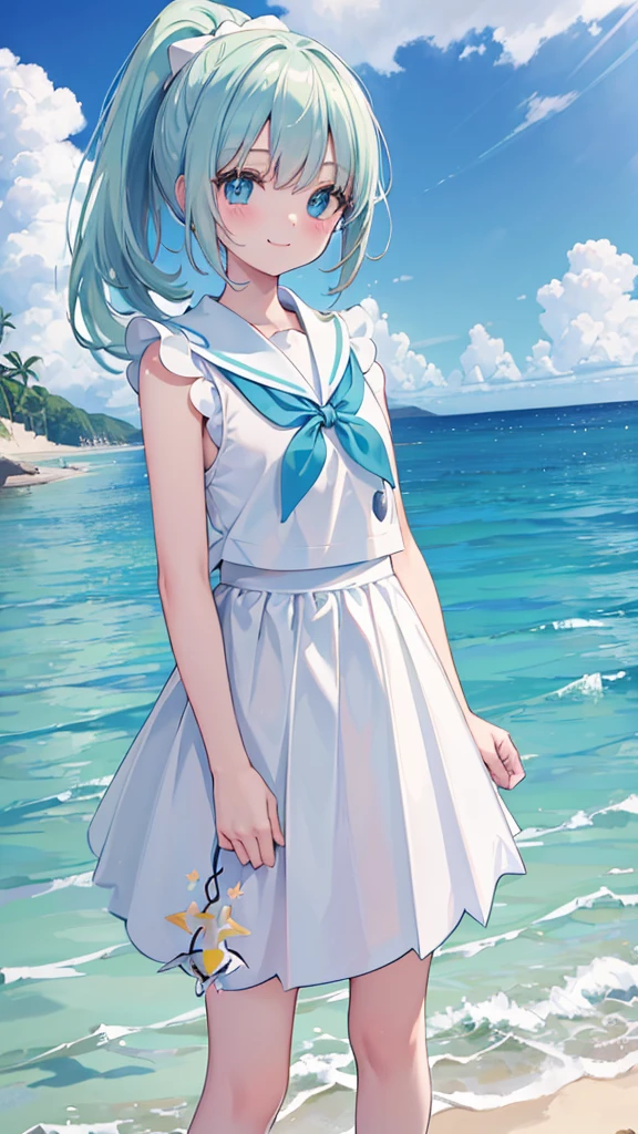 ((masterpiece)), Confused, ((Lily_Pokemon)), Aqua Eye, blonde,ponytail、Beautiful white skin、White ribbon, White Sailor Suit、White pleated skirt , Sleeveless, ((Charm))、smile、Perfect proportions、On a quiet tropical beach、((View of the sea))、((Angle from below))、Water Drop、