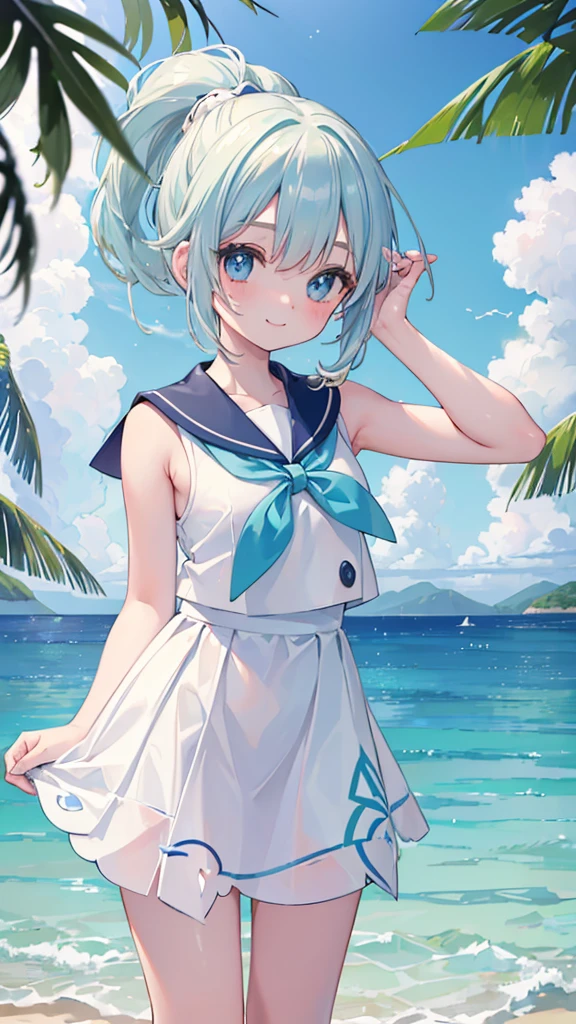 ((masterpiece)), Confused, ((Lily_Pokemon)), Aqua Eye, blonde,ponytail、Beautiful white skin、White ribbon, White Sailor Suit、White pleated skirt , Sleeveless, ((Charm))、smile、Perfect proportions、On a quiet tropical beach、((View of the sea))、((Angle from below))、Water Drop、