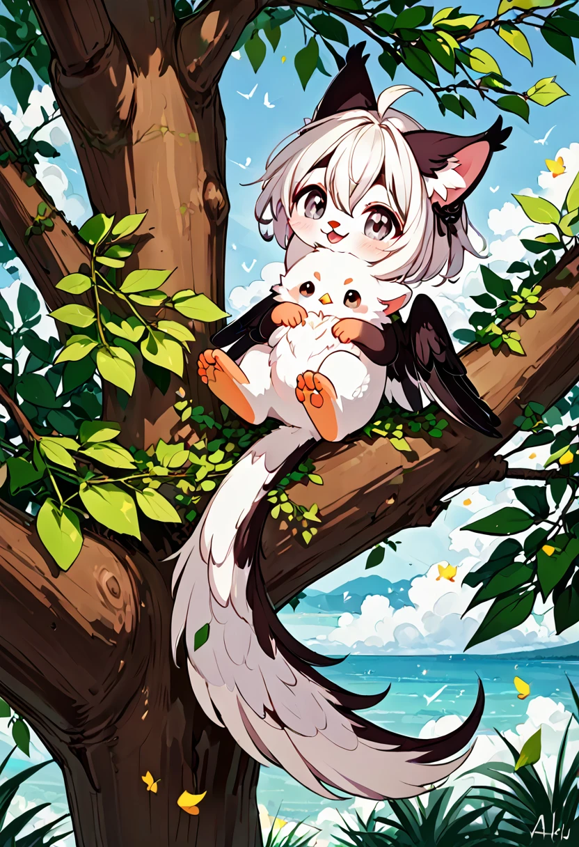 tween girl in white baby-bird kigurumi,there is a small white bird sitting on a branch, birb, kitty-bird hybrid, sentient bird, cute little creature, cute creature, anthropomorphic bird, frosty white eyes, sparkling bird eyes, on a branch, the cutest creature in the world, cute animal, perched in a tree